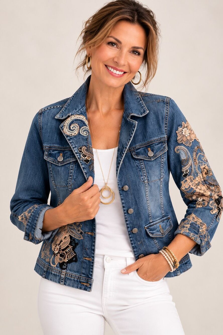 Chico’s Denim Jacket Size 1 Floral Lace Applique Embroidered Embellished Boho